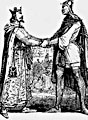 Рисунок из древней рукописи: викинг Ролло основатель Нормандского герцогства, приносит клятву вассальной верности французскому королю Карлу III Простоватому, 811 год